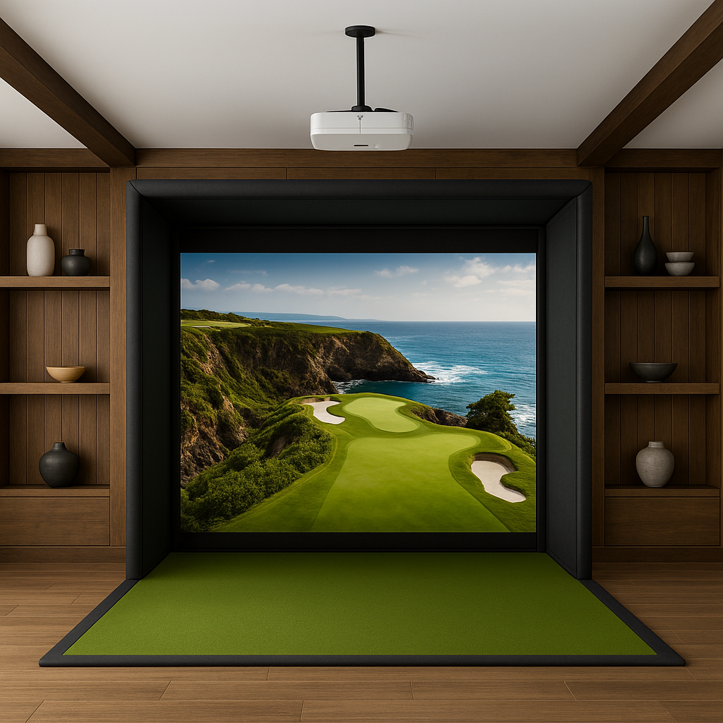 Home golf simulator bay with wood-panel walls, ceiling projector, and turf hitting area