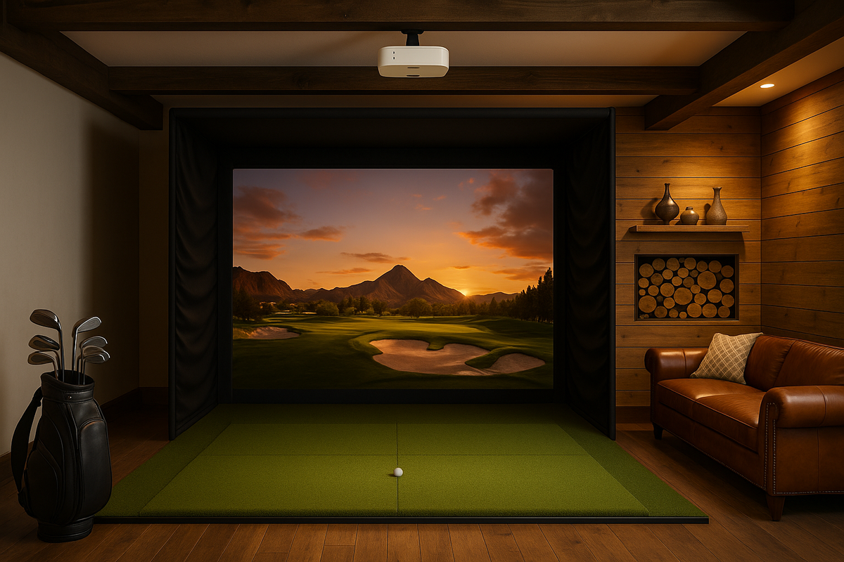 Home golf simulator room with a sunset course on the screen and lounge seating