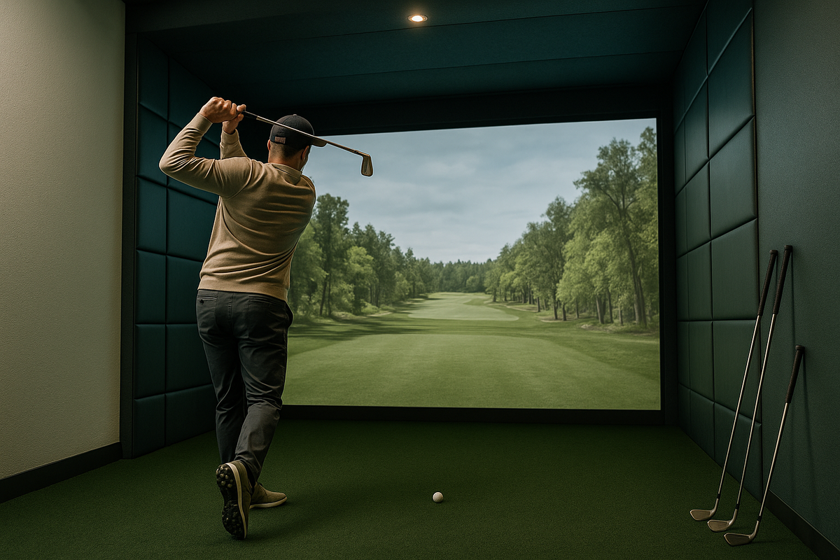 Golfer mid-swing in a home golf simulator bay with a fairway on the impact screen